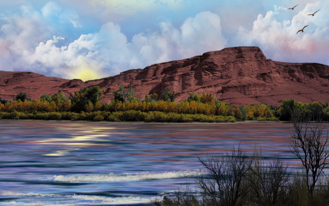 Обои картинки фото arizona, sunrise, природа, реки, озера, озеро, трава, деревья, горы