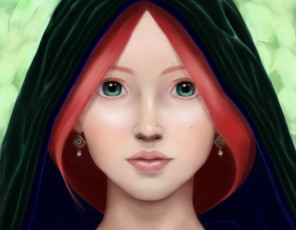 Картинка рисованные люди девушка рыжие волосы взгляд зеленые глаза капюшон