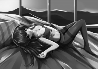Картинка аниме *unknown+ другое yumemi art монохромное девушка улыбка постель колготки взгляд грудь