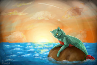 Картинка рисованные животные +сказочные +мифические кот море