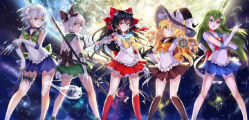 Картинка аниме touhou жезл шляпа sailor moon izayoi sakuya небо ночь косички neko yanshoujie арт ножи оружие девушки konpaku youmu myon kochiya sanae kirisame marisa hakurei reimu луна