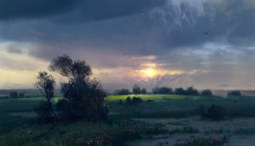 Картинка рисованные живопись рассвет утро луг цветы кусты облака птица