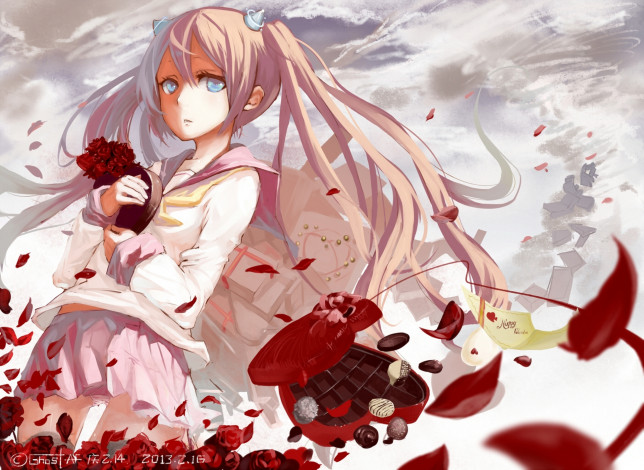 Обои картинки фото аниме, -happy valentine, школьница, розы, лепестки, цветы, форма, конфеты, девушка, ghostas, арт