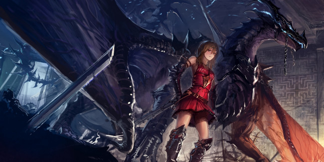 Обои картинки фото аниме, -weapon,  blood & technology, hikaru, арт, цепь, оружие, меч, дракон, девушка, miraclehikaru