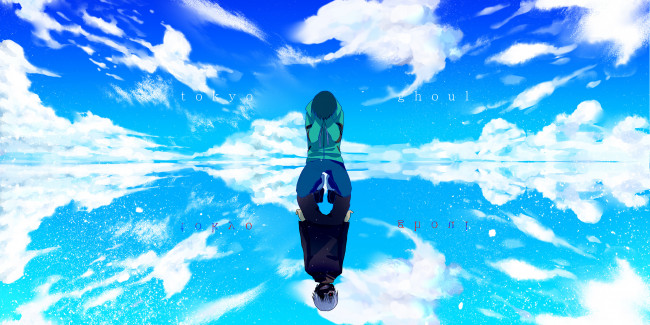 Обои картинки фото by winni, аниме, tokyo ghoul, небо, сущность, облака, парень, kaneki, ken, вода, отражение, маска