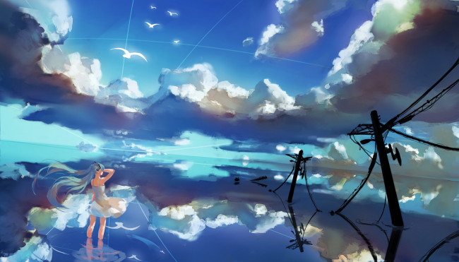 Обои картинки фото аниме, vocaloid, отражение, облака, небо, hatsune, miku, провода, лэп, вода, спиной, девушка, птицы, yaozhiligenius, арт