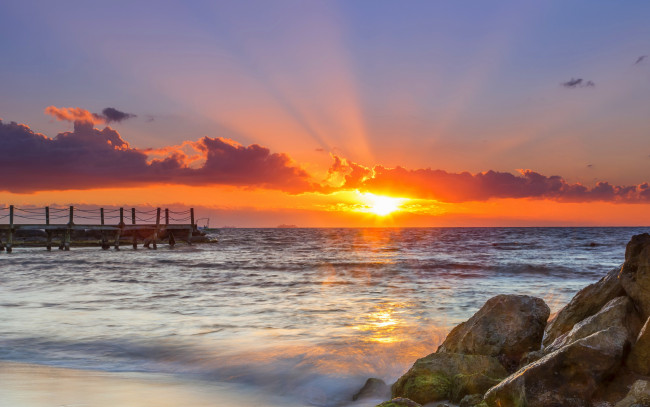 Обои картинки фото природа, восходы, закаты, рассвет, пирс, утро, солнце, пляж, карибский, бассейн
