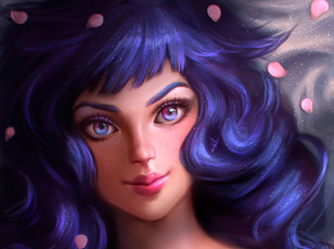Картинка рисованное люди глаза лепестки волосы лицо арт аниме девушка взгляд