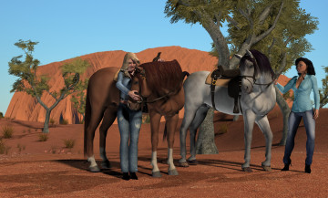 Картинка 3д+графика люди+ people взгляд девушки пустыня деревья лошади фон