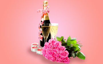 обоя еда, напитки,  вино, glass, flowers, roses, champagne, valentine's, day, romantic, шампанское, розы, бокалы