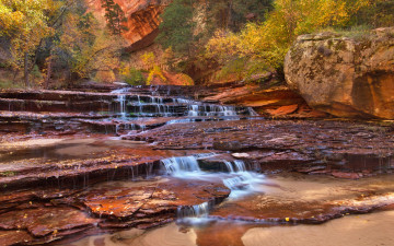 Картинка природа водопады скалы горы сша деревья водопад ручей юта zion national par