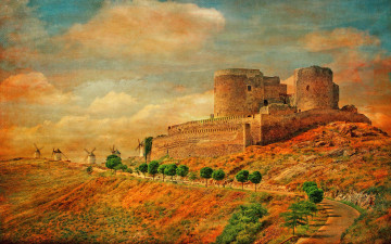 Картинка рисованное живопись холст ветряная мельница башня замок облака небо испания холмы дорога