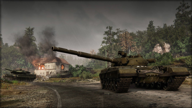 Обои картинки фото видео игры, armored warfare, огонь, лес, дом, танки