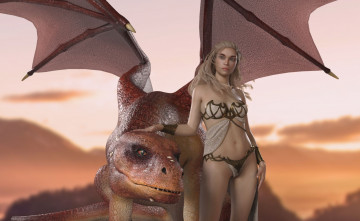 Картинка 3д+графика фантазия+ fantasy фон дракон девушка взгляд