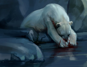 обоя рисованное, животные,  медведи, кровь, водоем