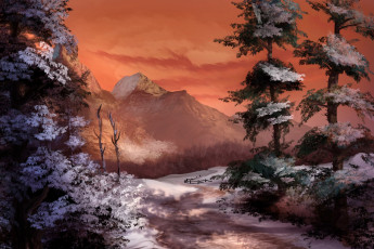 обоя рисованное, природа, горы, снег, деревья