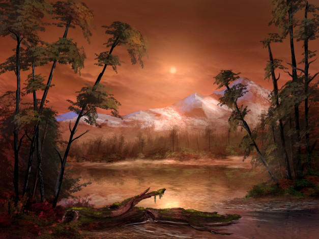 Обои картинки фото рисованное, природа, водоем, деревья, горы