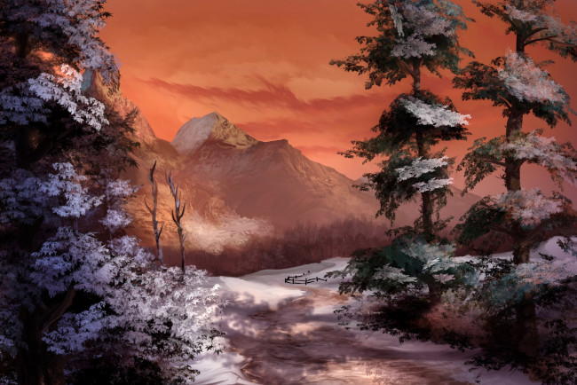 Обои картинки фото рисованное, природа, горы, снег, деревья