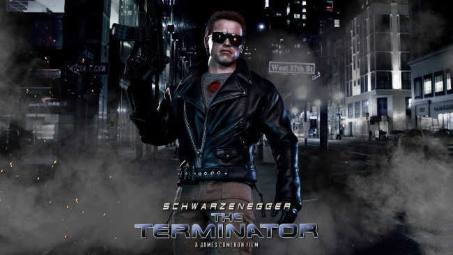 Обои картинки фото кино фильмы, terminator, фон, мужчина, автомат, очки