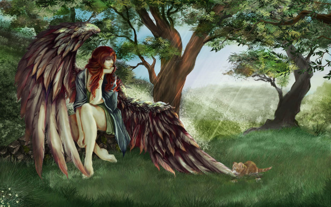 Обои картинки фото фэнтези, ангелы, котенок, крылья, лес, фон, девушка