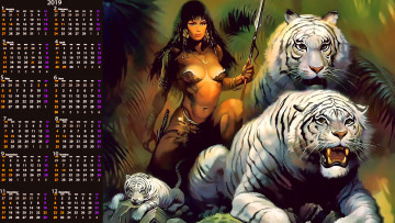 Картинка календари фэнтези воительница оружие девушка животное тигр calendar 2019