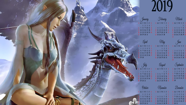 Обои картинки фото календари, фэнтези, девушка, эльф, дракон, гора, calendar, 2019