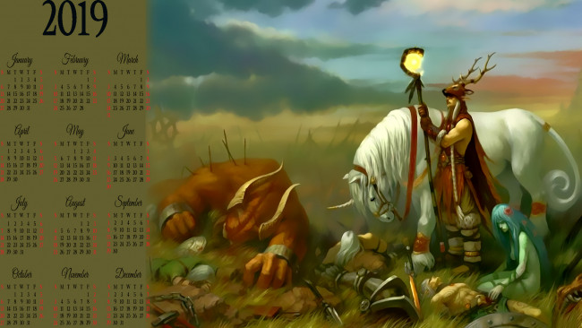 Обои картинки фото календари, фэнтези, единорог, мужчина, воин, существо, лошадь, конь, битва, calendar, 2019