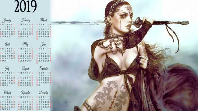 Обои картинки фото календари, фэнтези, женщина, calendar, 2019, рисунок, тату, оружие, девушка, украшение