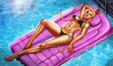 Картинка рисованное люди девушка фон взгляд бассейн купальник матрас