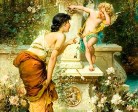 обоя рисованное, hans zatzka, женщина, купидон, стрелы, фонтан, цветы