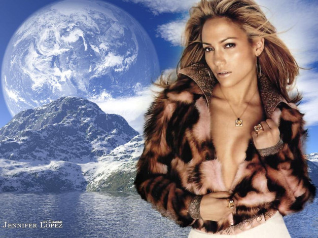 Обои картинки фото Jennifer Lopez, девушки, куртка, мех, кулон