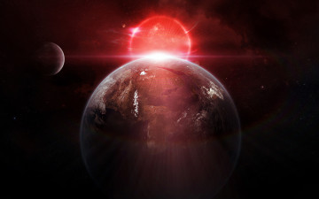 Картинка космос арт восход спутники свет сияние звезды планета