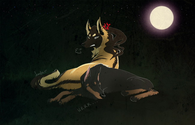 Обои картинки фото рисованные, животные, сказочные, мифические, волки, ночь, луна