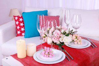 Картинка разное посуда +столовые+приборы +кухонная+утварь бокалы свечи цветы