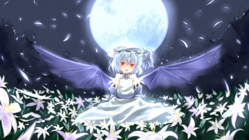 Картинка аниме touhou взгляд девушка цветы луна крылья