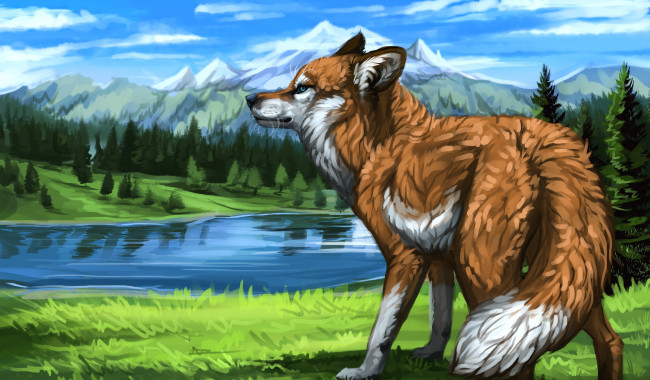 Обои картинки фото рисованные, животные,  лисы, природа, рыжая, хвост, лисица, горы