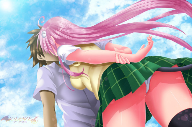 Обои картинки фото аниме, to-love-ru, волосы, облака, поцелуй, девочка, мальчик, yuuki, rito, lala, satalin, deviluke