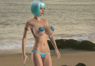 Картинка 3д+графика фантазия+ fantasy пляж море ракушки фон взгляд девушка