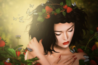 Картинка 3д+графика портрет+ portraits девушка брюнетка грусть клубника бабочки