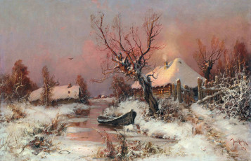 Картинка рисованное юлий+клевер дом снег лодка деревня свет небо изба забор река дерево птица зима зимний пейзаж с рекой