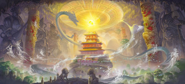 Картинка фэнтези призраки дух пещера храм lei sheng арт статуи колонны сфера магия драконы азия