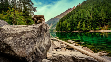 Картинка природа реки озера британская колумбия озеро линдеман canada канада british columbia chilliwack lake provincial park lindeman камни валуны брёвна лес