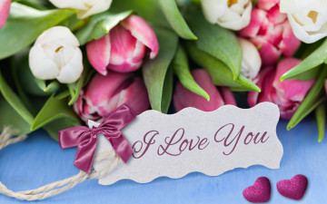 обоя праздничные, день святого валентина,  сердечки,  любовь, i, love, you, romantic, hearts, tulips, flowers, тюльпаны, букет, сердечки, любовь