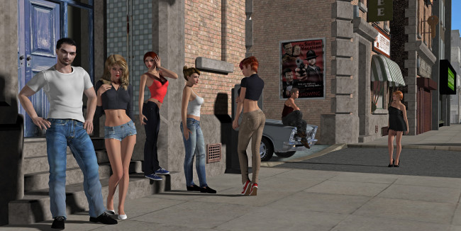 Обои картинки фото 3д графика, люди , people, девушки, взгляд, фон, парни, улица