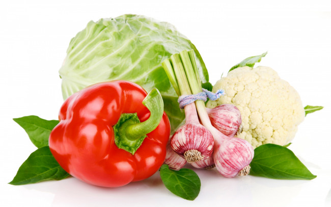 Обои картинки фото еда, овощи, базилик, перец, чеснок, капуста