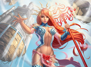 Картинка фэнтези девушки платье маг lana solaris девушка арт аниме магия посох рыжая
