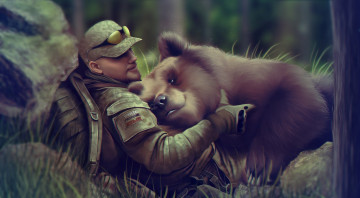Картинка фэнтези люди лес мужчина кепка очки человек арт зверь медведь