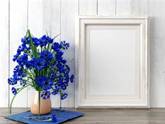 Обои картинки фото цветы, васильки, синий, ваза, фоторамка
