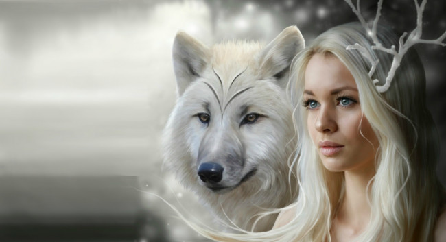 Обои картинки фото фэнтези, красавицы и чудовища, волк, девушка