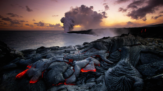 Обои картинки фото природа, стихия, пейзаж, пар, дым, море, лава, сша, гавайи, гавайский, вулканический, национальный, парк